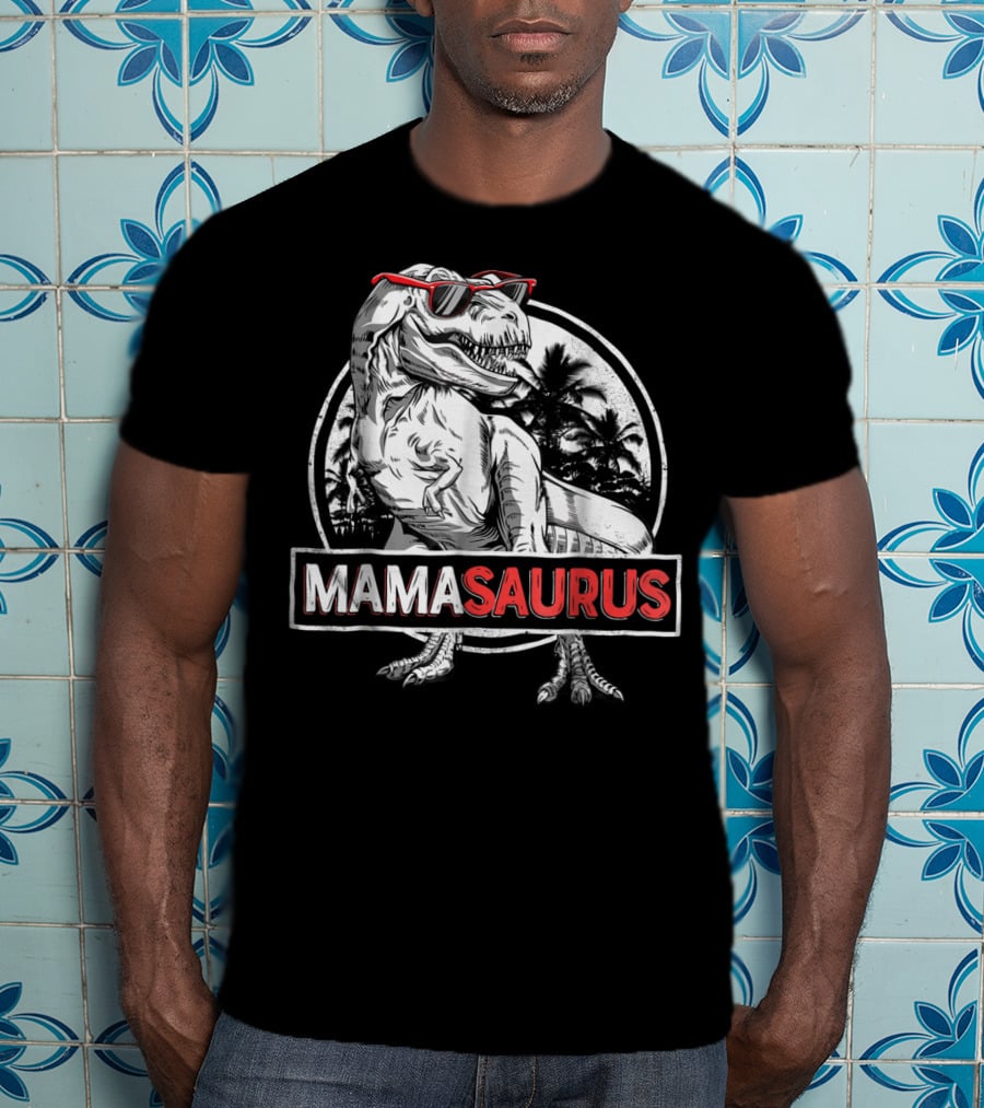 Mamasaurus Rex Dinosaur With Sunglasses And Palm Trees T-Shirt