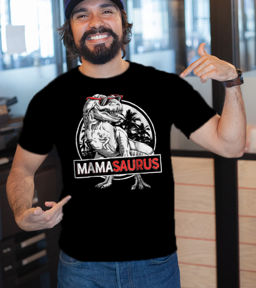 Mamasaurus Rex Dinosaur With Sunglasses And Palm Trees T-Shirt