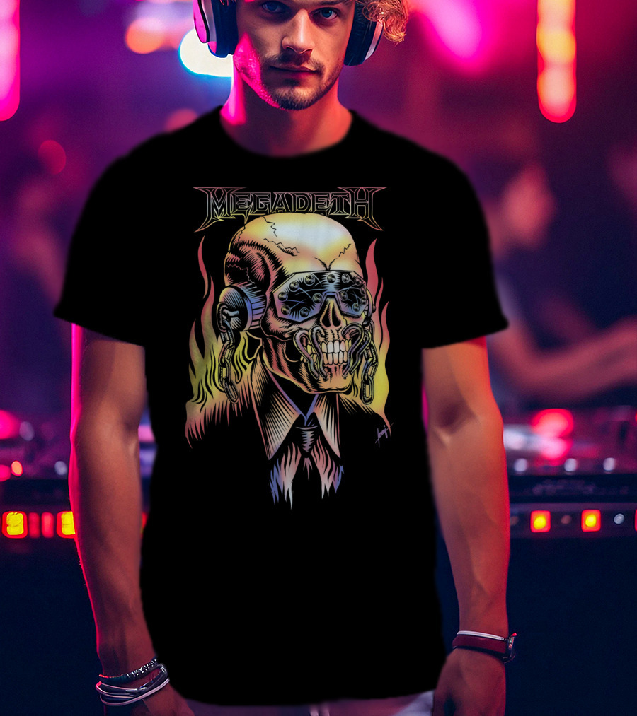 Megadeth Vic Rattlehead Flames Skull T-Shirt