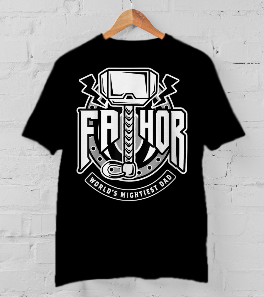 Mens Fathor World's Mightiest Dad Funny Cool Vik Hammer And Lightning T-Shirt