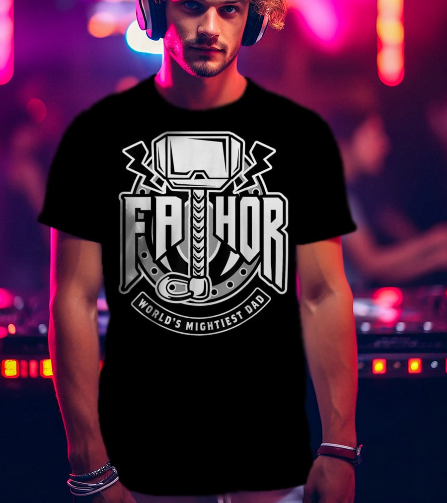 Mens Fathor World's Mightiest Dad Funny Cool Vik Hammer And Lightning T-Shirt