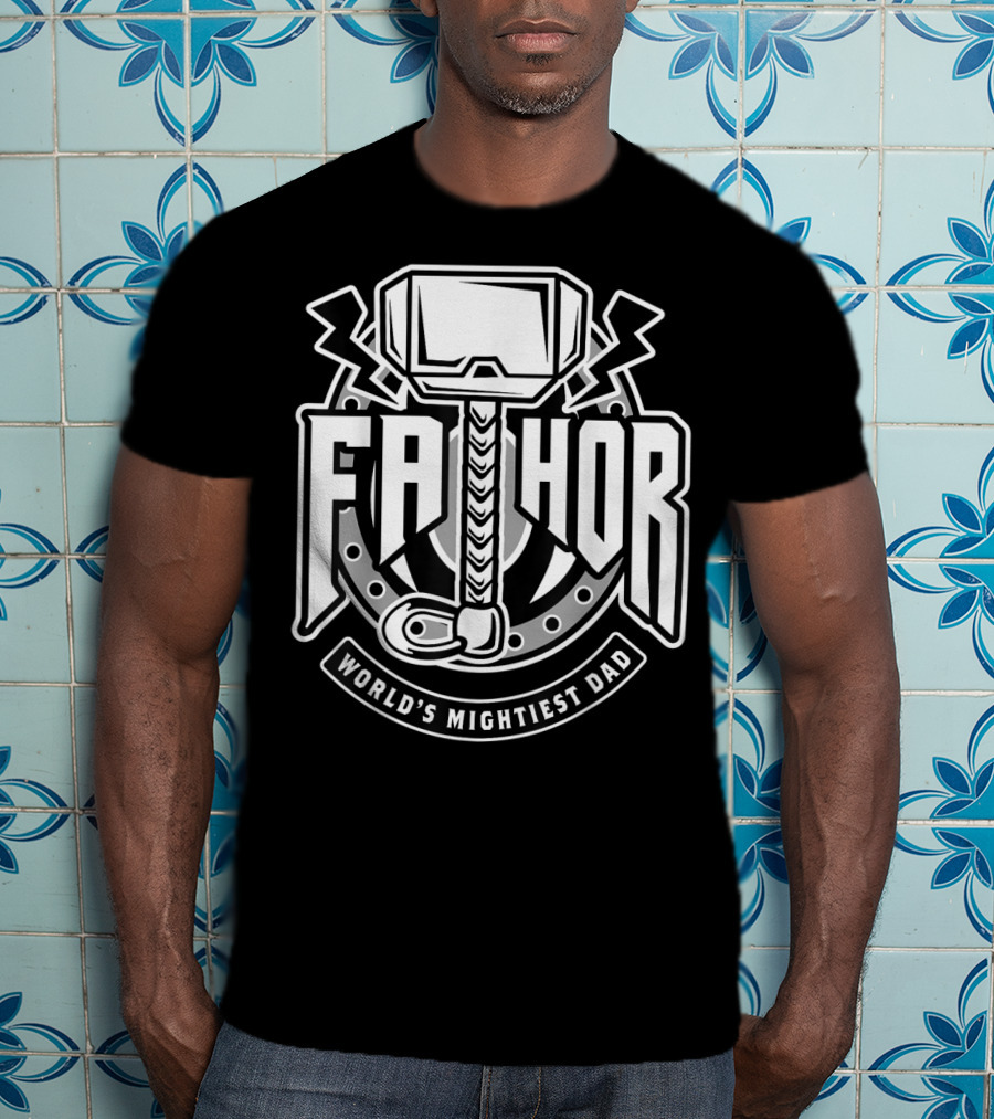 Mens Fathor World's Mightiest Dad Funny Cool Vik Hammer And Lightning T-Shirt