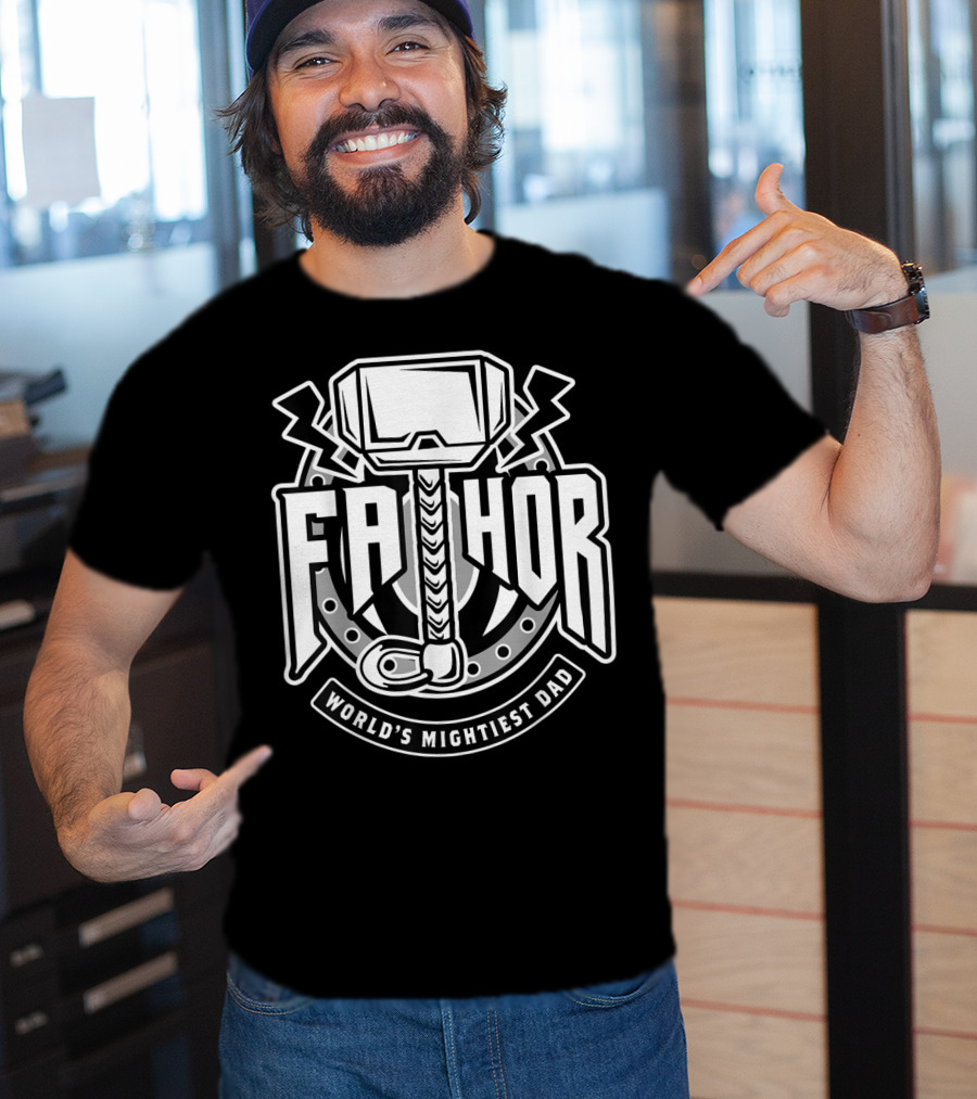 Mens Fathor World's Mightiest Dad Funny Cool Vik Hammer And Lightning T-Shirt