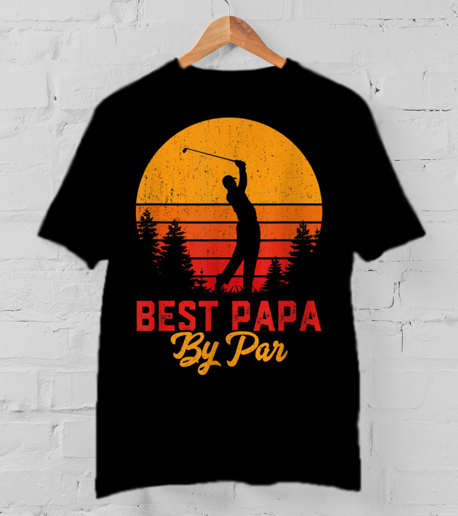 Mens Funny Father's Day Best Papa By Par Golf Silhouette Sunset T-Shirt