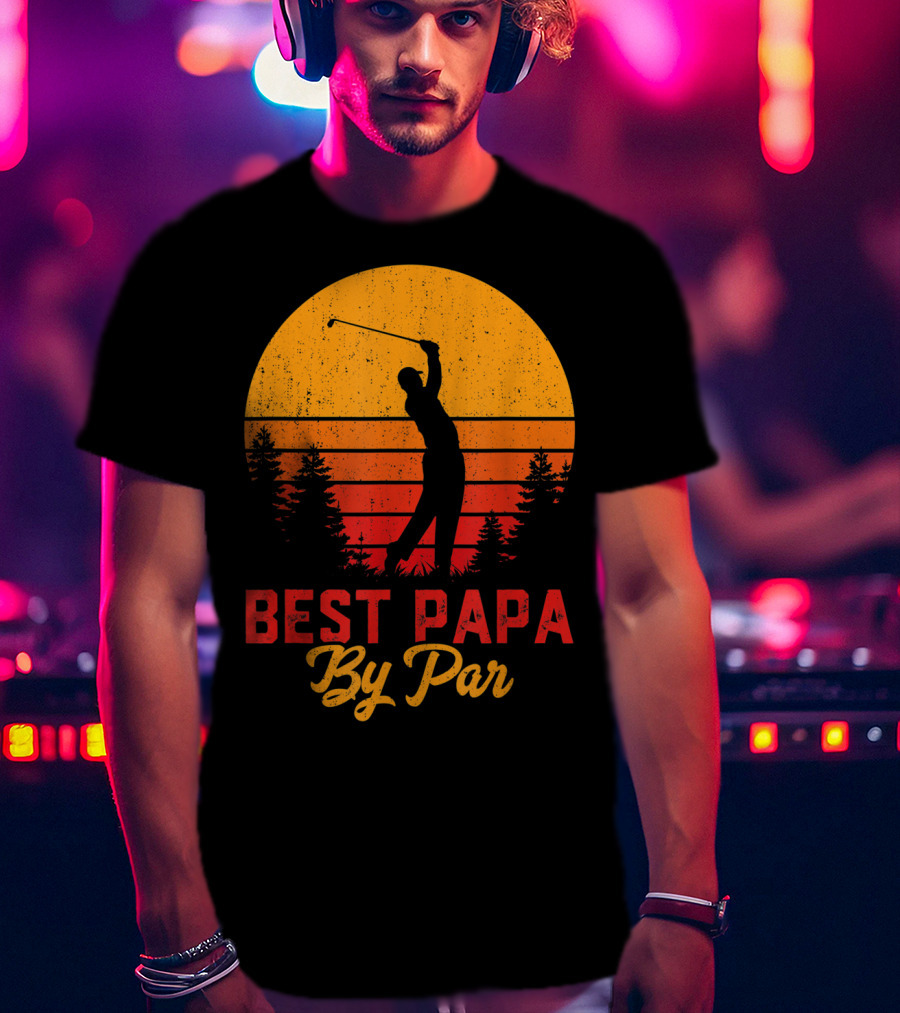 Mens Funny Father's Day Best Papa By Par Golf Silhouette Sunset T-Shirt