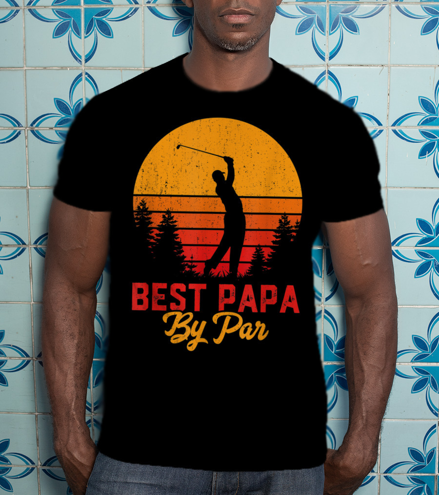 Mens Funny Father's Day Best Papa By Par Golf Silhouette Sunset T-Shirt