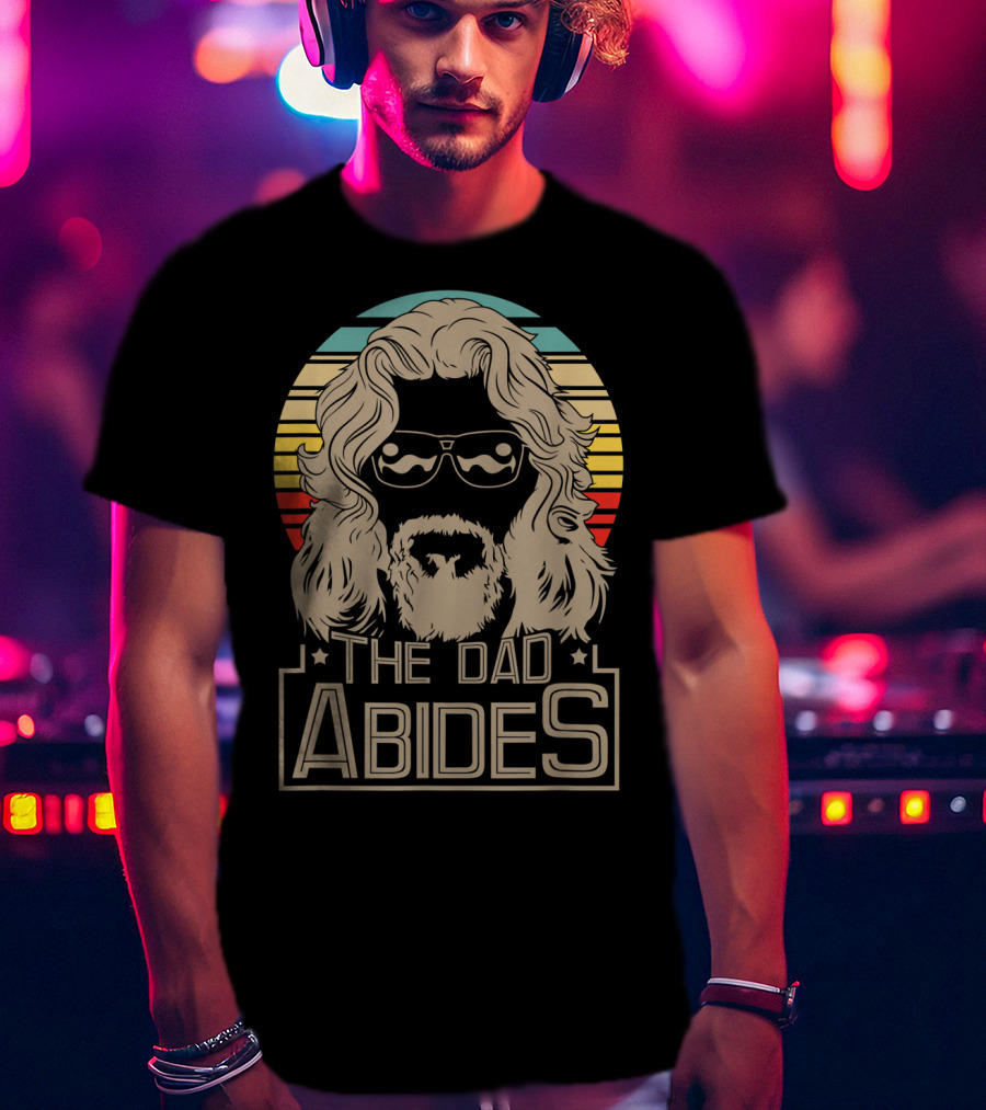 Mens The Dad Abides Retro Style Rainbow Circle Sunglasses And Long Hair T-Shirt