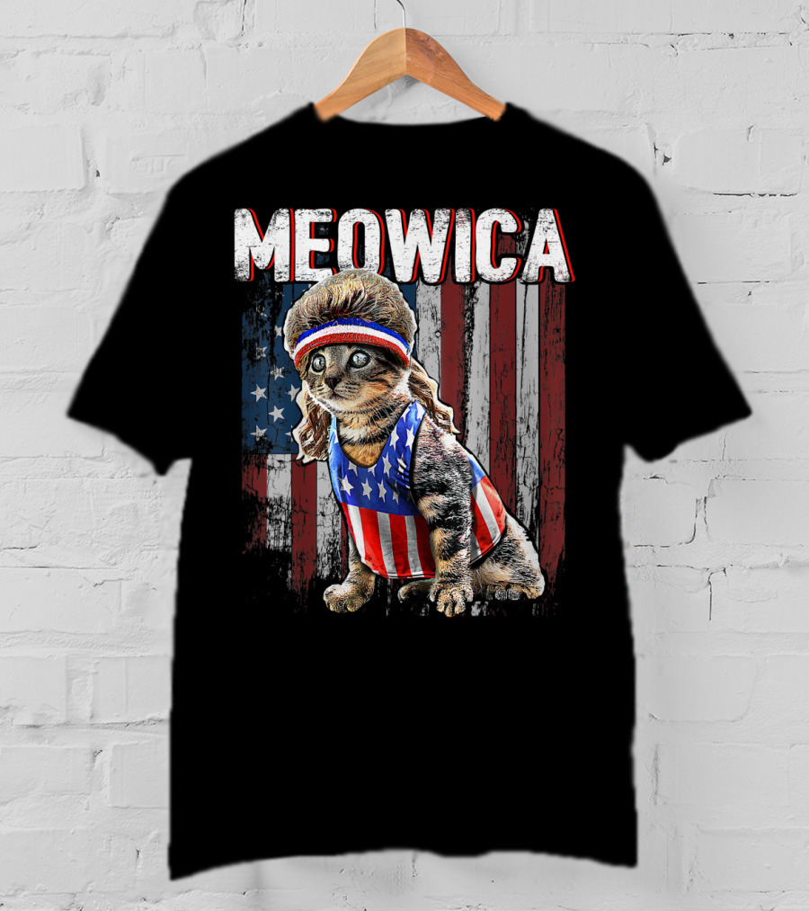 Meowica Cat Mullet American Flag Patriotic Kitten In Stars And Stripes Vest And Headband In Front Of American Flag T-Shirt