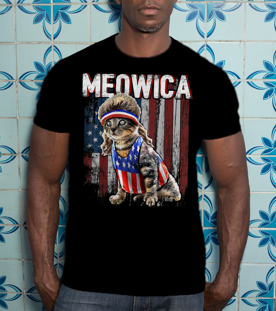 Meowica Cat Mullet American Flag Patriotic Kitten In Stars And Stripes Vest And Headband In Front Of American Flag T-Shirt