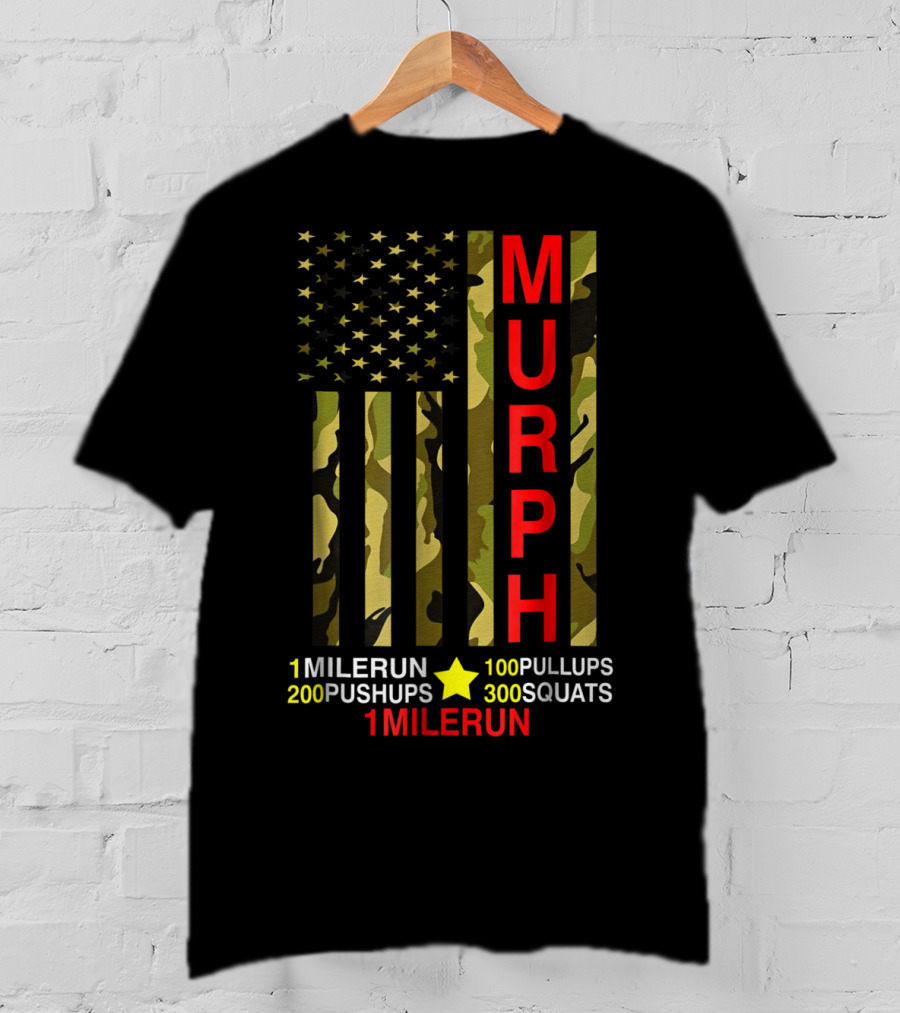 Murph Challenge Memorial Day Workout 1 Mile Run 100 Pullups 200 Pushups 300 Squats Camo Flag T-Shirt