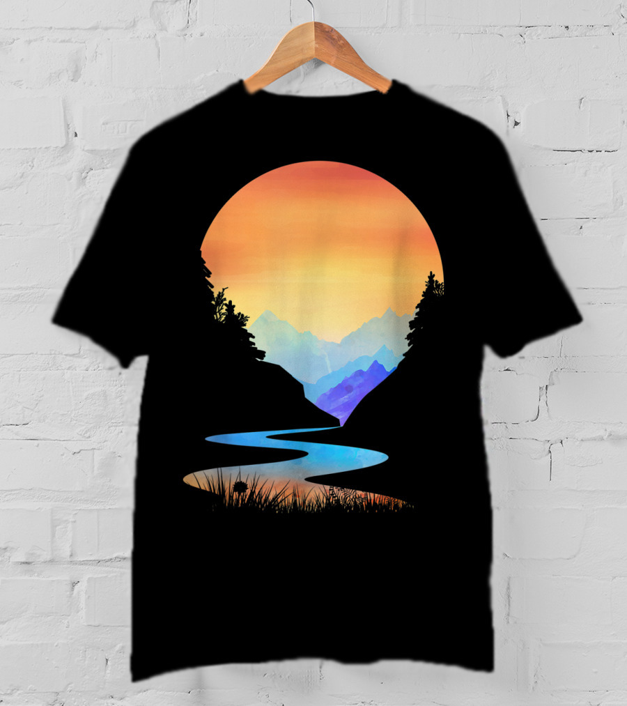 Outdoor Sunset Vintage Style Mountains Sun Nature River Landscape T-Shirt