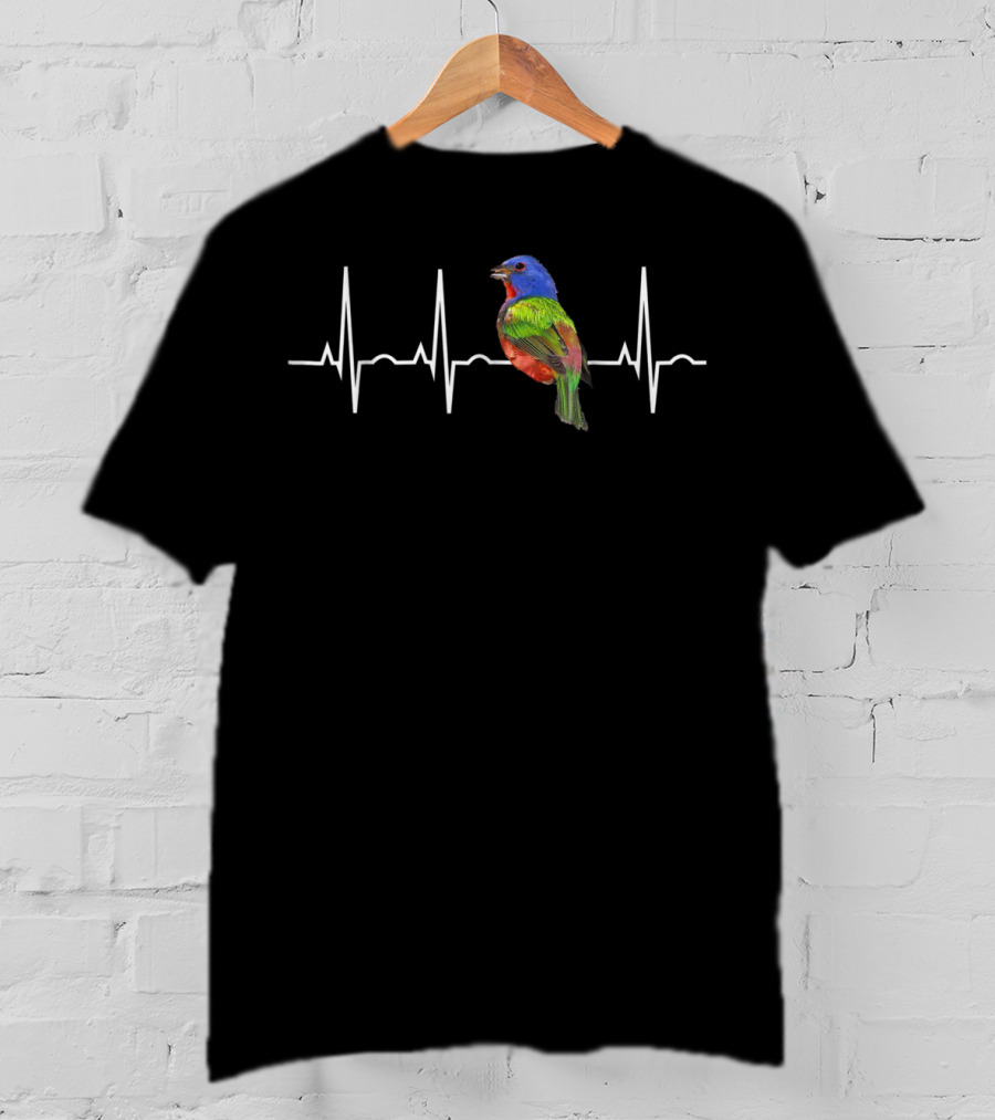 Painted Bunting Birder Bird Lover Heartbeat Colorful Bird On Heart Rate Line T-Shirt
