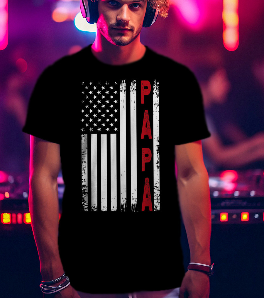 Papa Vertical Red Letters American Flag T-Shirt