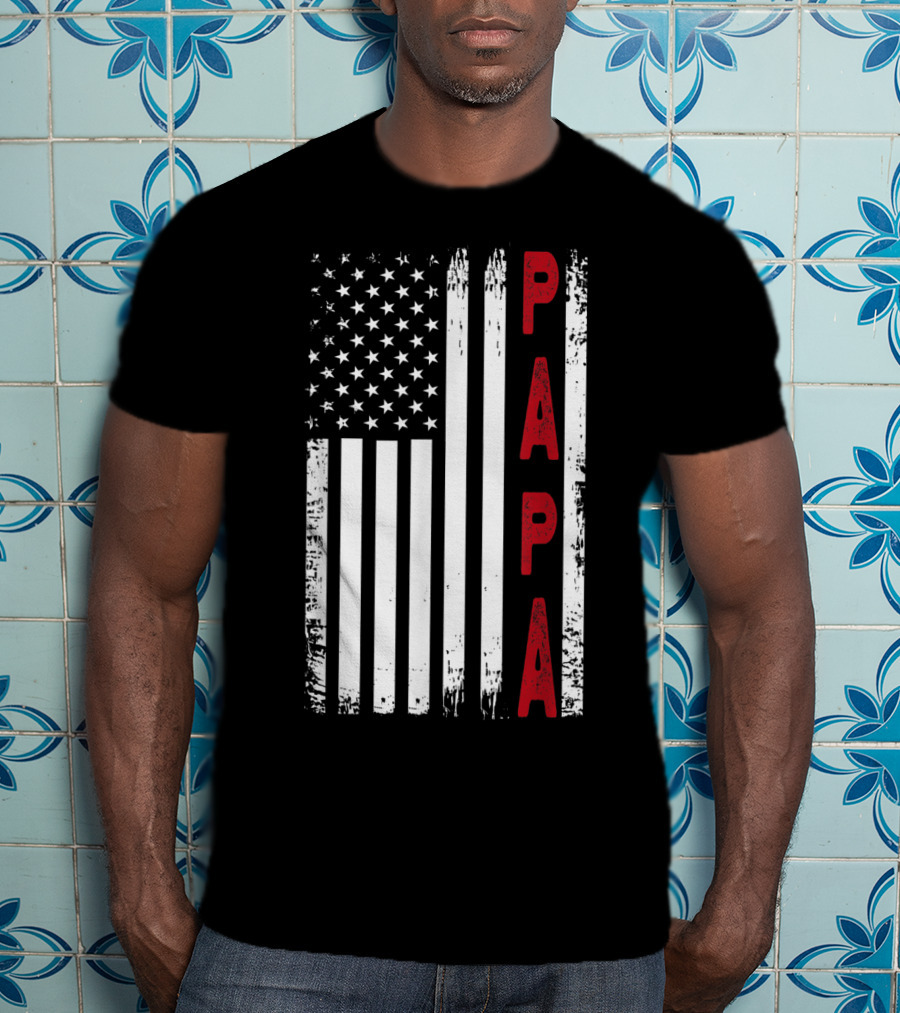 Papa Vertical Red Letters American Flag T-Shirt