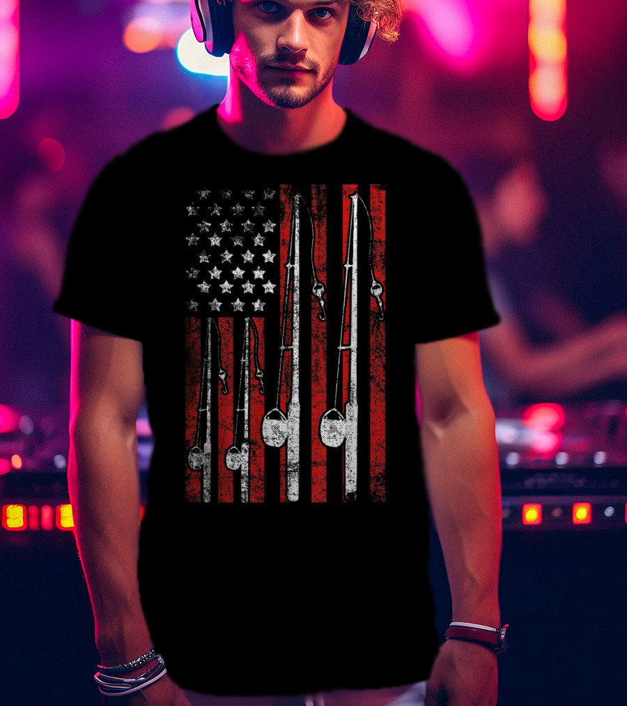 Vintage American Flag Fishing Poles T-Shirt