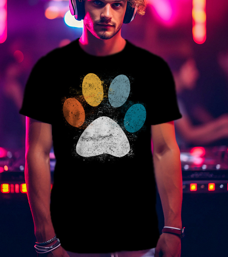 Vintage Distressed Multi-Color Dog Paw Print Love T-Shirt