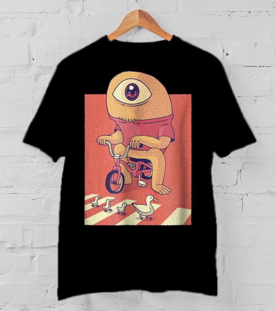 Vintage Japanese Cyclops Riding Bicycle With Ducklings Crossing T-Shirt