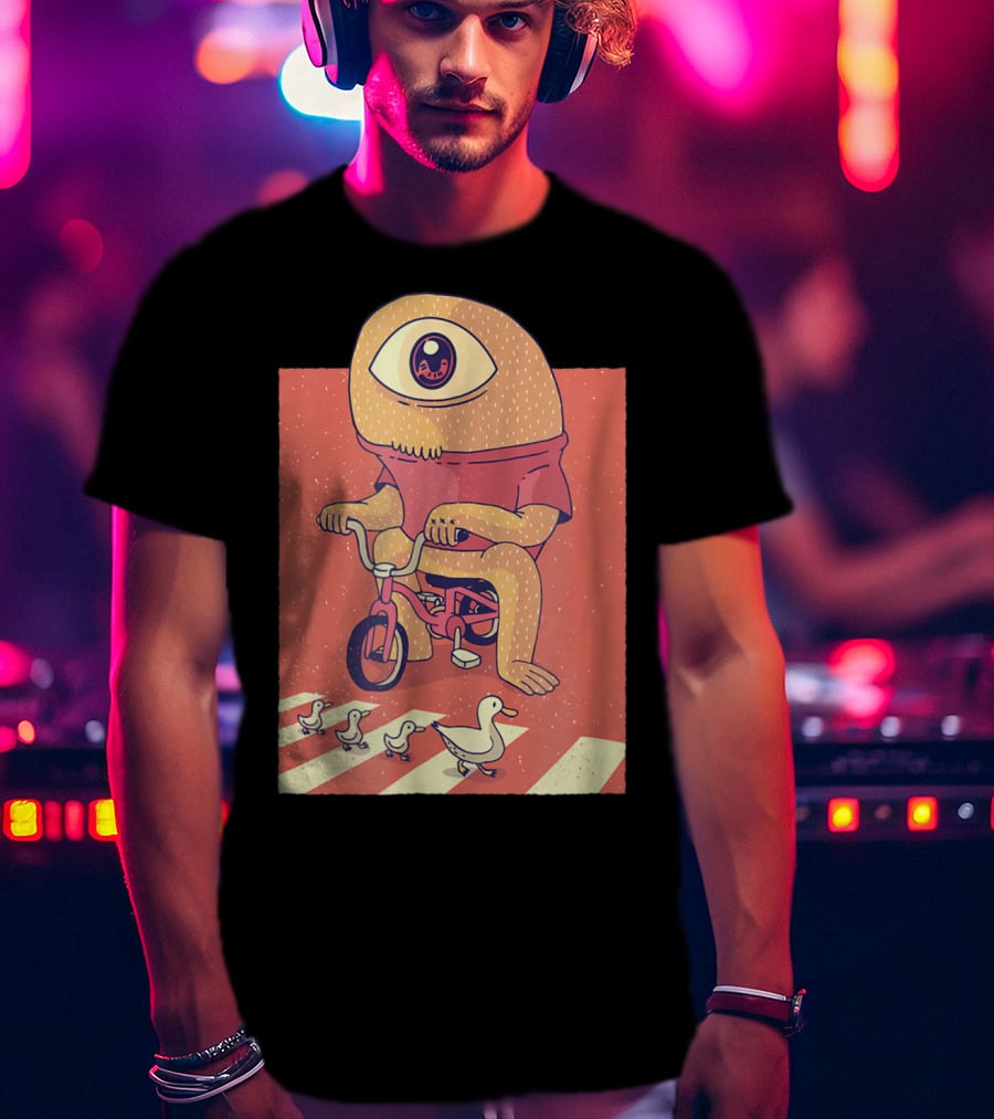 Vintage Japanese Cyclops Riding Bicycle With Ducklings Crossing T-Shirt