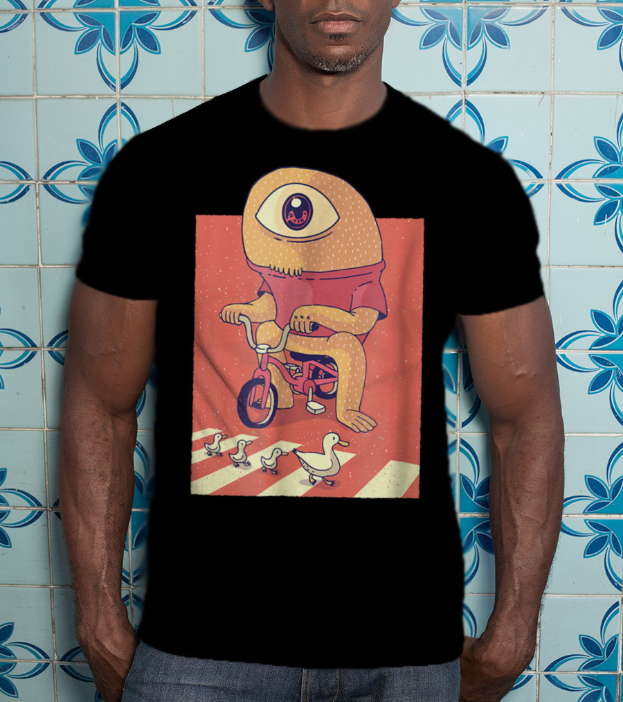 Vintage Japanese Cyclops Riding Bicycle With Ducklings Crossing T-Shirt