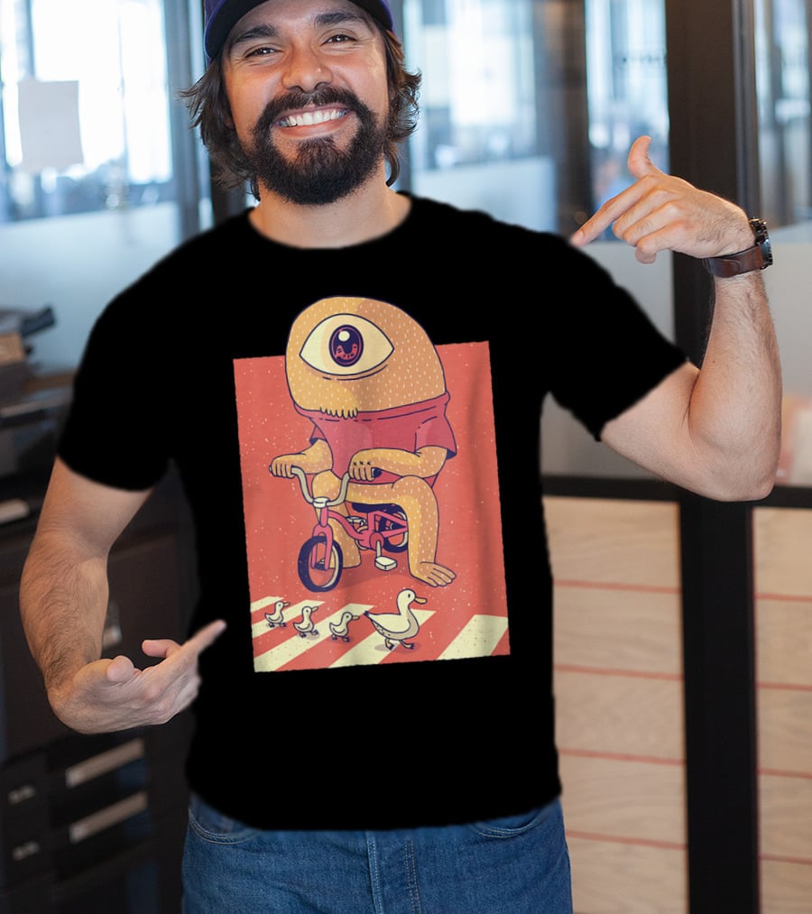 Vintage Japanese Cyclops Riding Bicycle With Ducklings Crossing T-Shirt