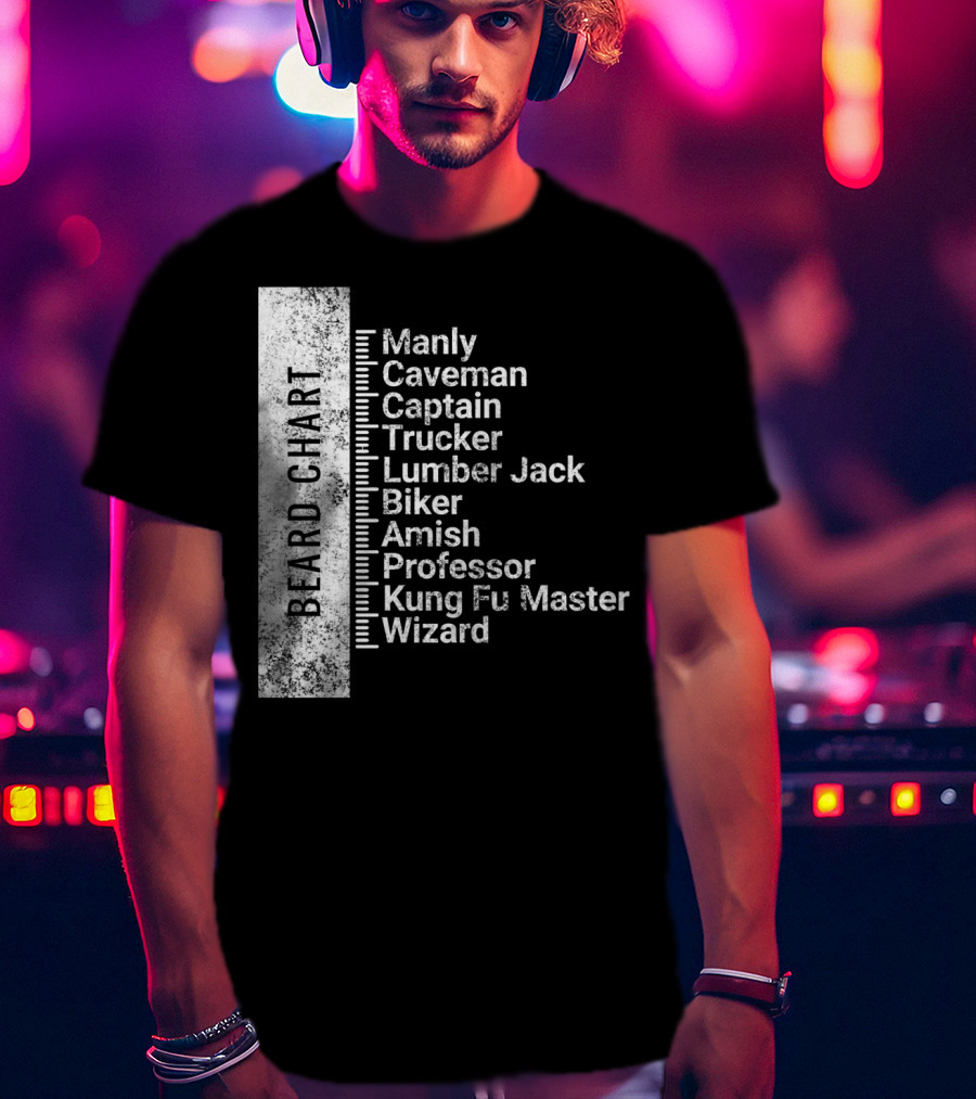 Beard Chart Manly Caveman Captain Trucker Lumberjack Biker Amish Professor Kung Fu Master Wizard T-Shirt