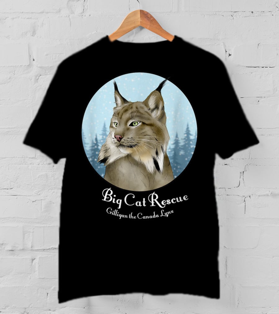 Big Cat Rescue Gilligan The Canada Lynx Snowy Forest Background T-Shirt