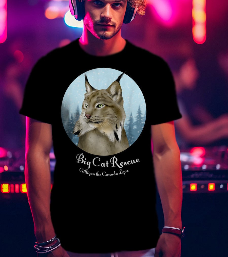 Big Cat Rescue Gilligan The Canada Lynx Snowy Forest Background T-Shirt