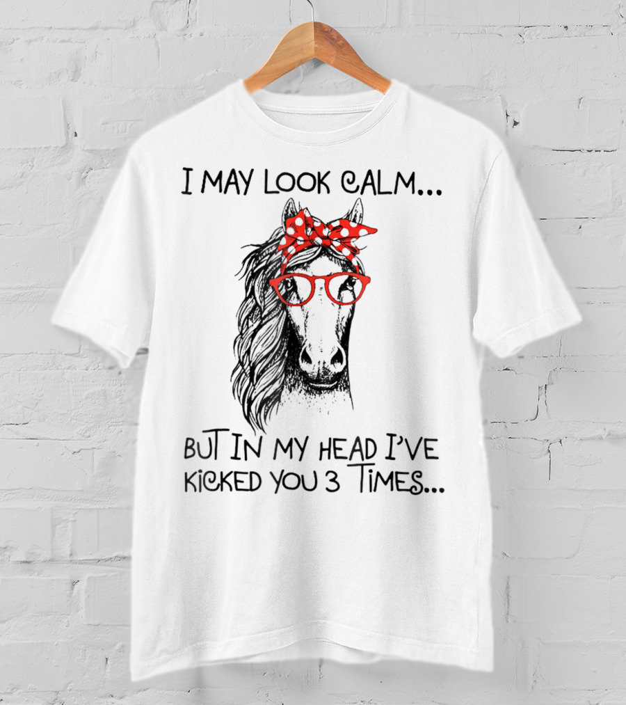 I May Look Calm But In My Head I've Kicked You 3 Times Horse With Red Glasses And Bandana T-Shirt