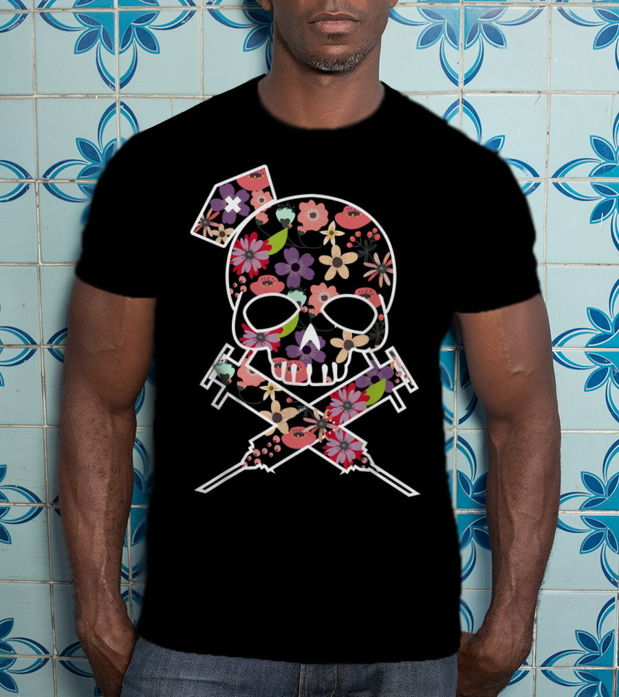 I'll Stab You Nurse Skull Medical Flowers T-Shirt