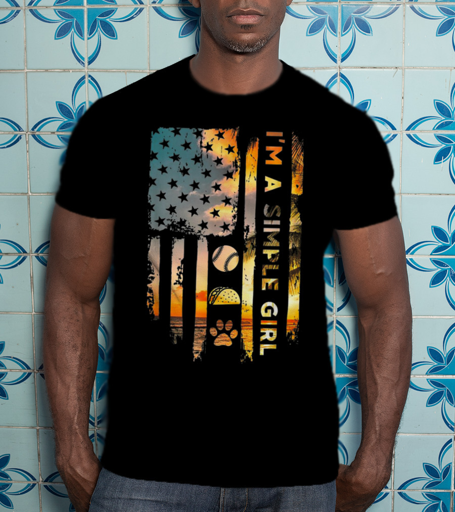 I'm A Simple Girl American Flag Softball Tacos Dogs Sunset T-Shirt