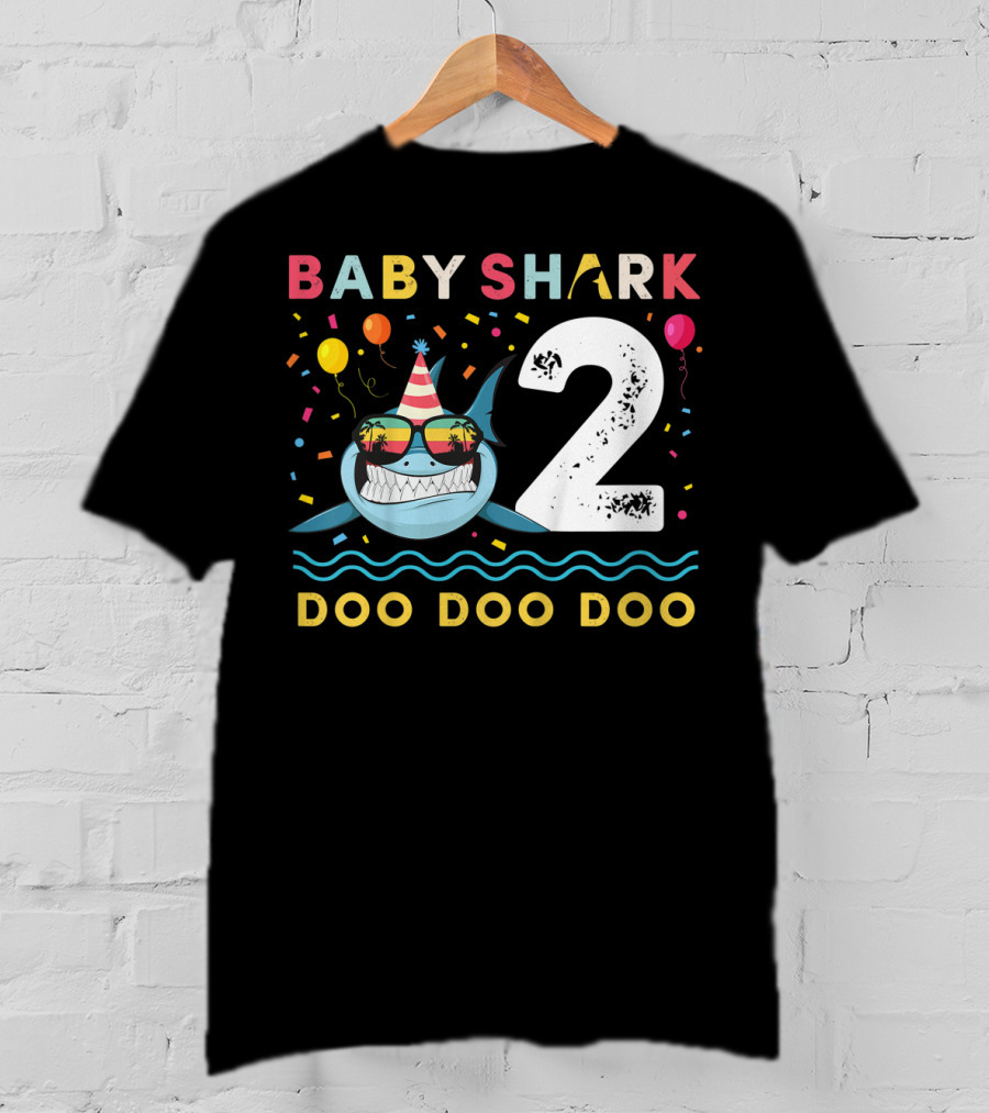 Baby Shark 2nd Birthday Doo Doo Doo Toddler Kids Party Hat Balloons T-Shirt