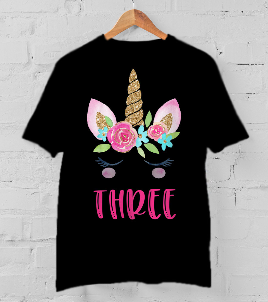 Three Unicorn Birthday Girl 3 Year Old Kids T-Shirt