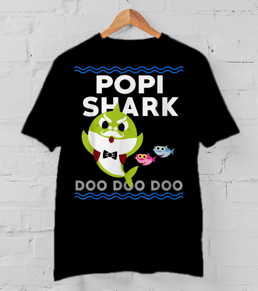 Popi Shark Doo Doo Doo Mustached Bowtie Shark With Cute Colorful Fish T-Shirt