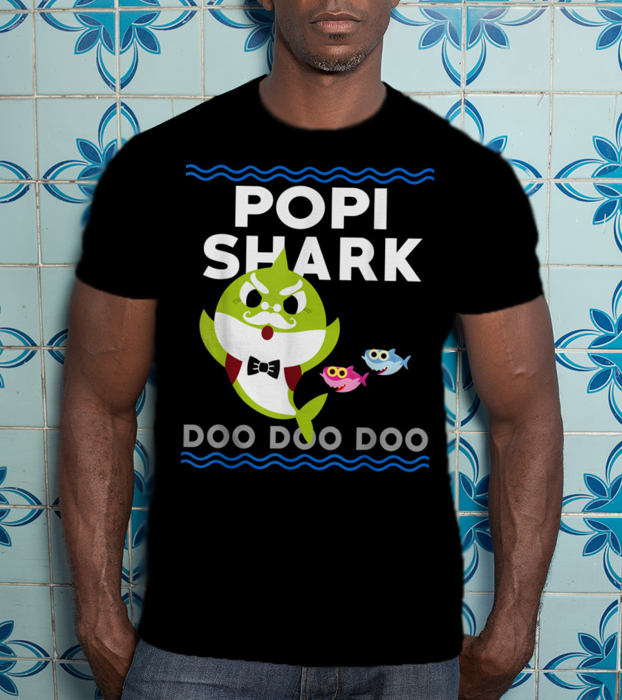 Popi Shark Doo Doo Doo Mustached Bowtie Shark With Cute Colorful Fish T-Shirt