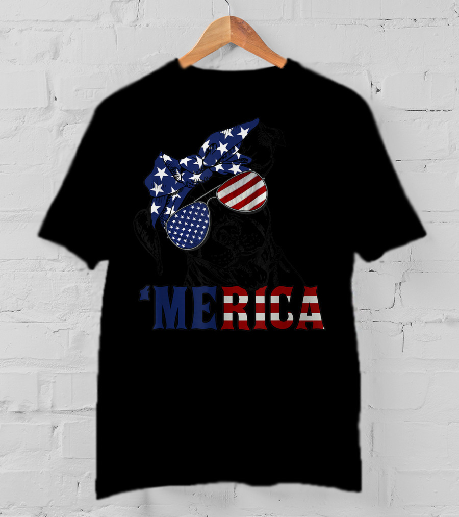 'Merica Patriotic Stars And Stripes Pitbull With USA Flag Glasses T-Shirt