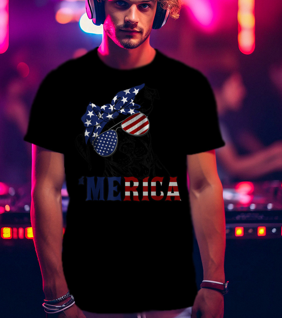 'Merica Patriotic Stars And Stripes Pitbull With USA Flag Glasses T-Shirt