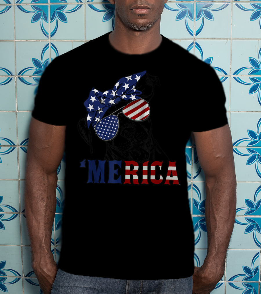 'Merica Patriotic Stars And Stripes Pitbull With USA Flag Glasses T-Shirt