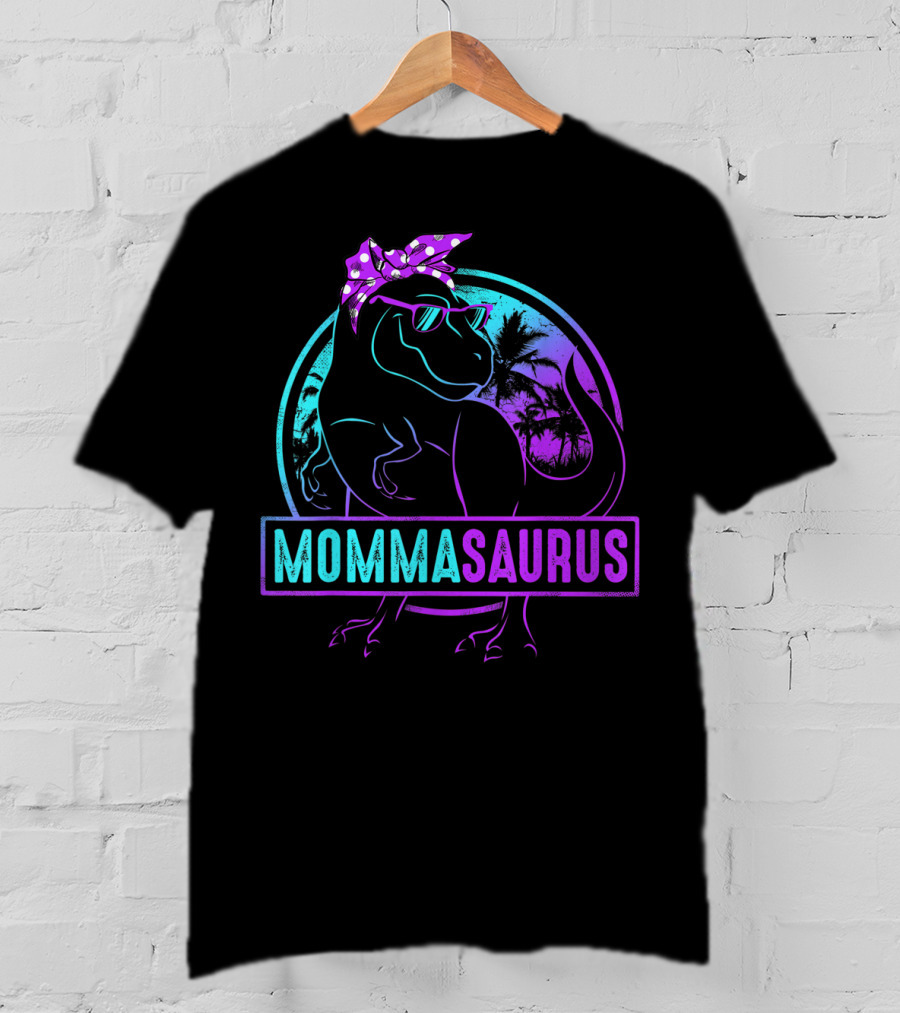 Mommasaurus Dinosaur With Bandana Sunglasses And Tropical Background T-Shirt