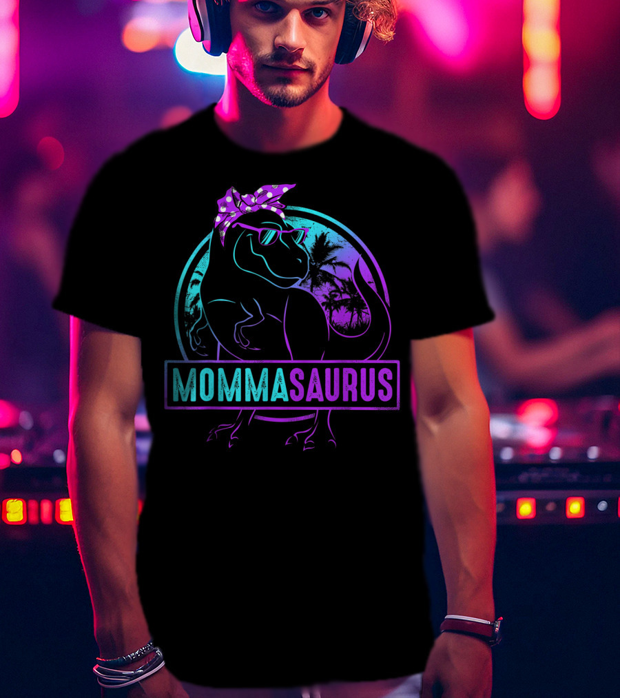 Mommasaurus Dinosaur With Bandana Sunglasses And Tropical Background T-Shirt