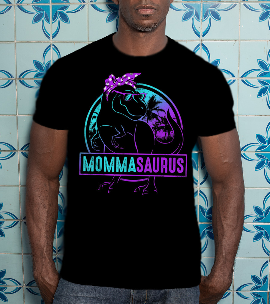 Mommasaurus Dinosaur With Bandana Sunglasses And Tropical Background T-Shirt