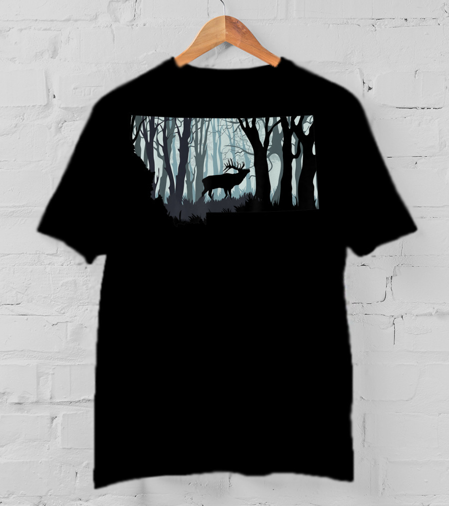Montana Elk Hunting Silhouette In Forest T-Shirt