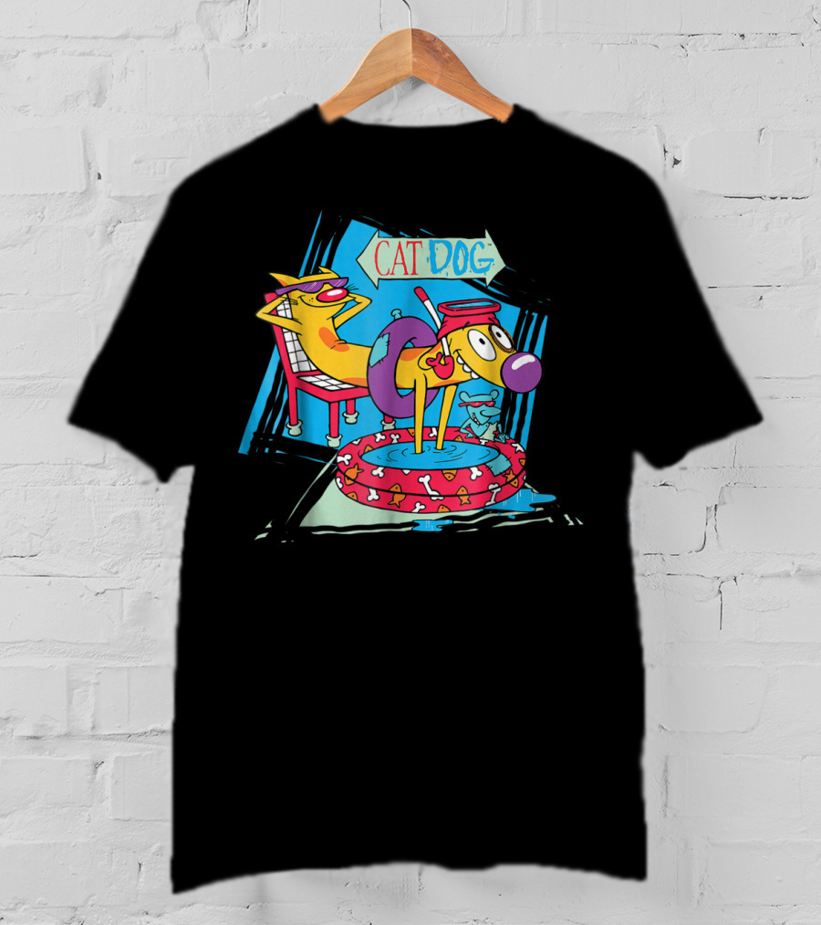 Nickelodeon CatDog Relaxing In Kiddie Pool With Inner Tube And Sign T-Shirt
