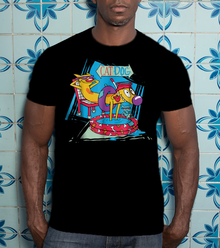 Nickelodeon CatDog Relaxing In Kiddie Pool With Inner Tube And Sign T-Shirt
