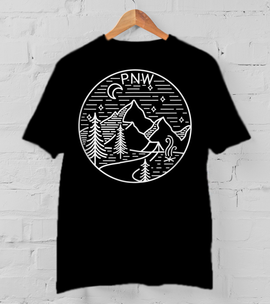 P.N.W. Pacific Northwest Outdoors Trees Mountains Night Sky T-Shirt