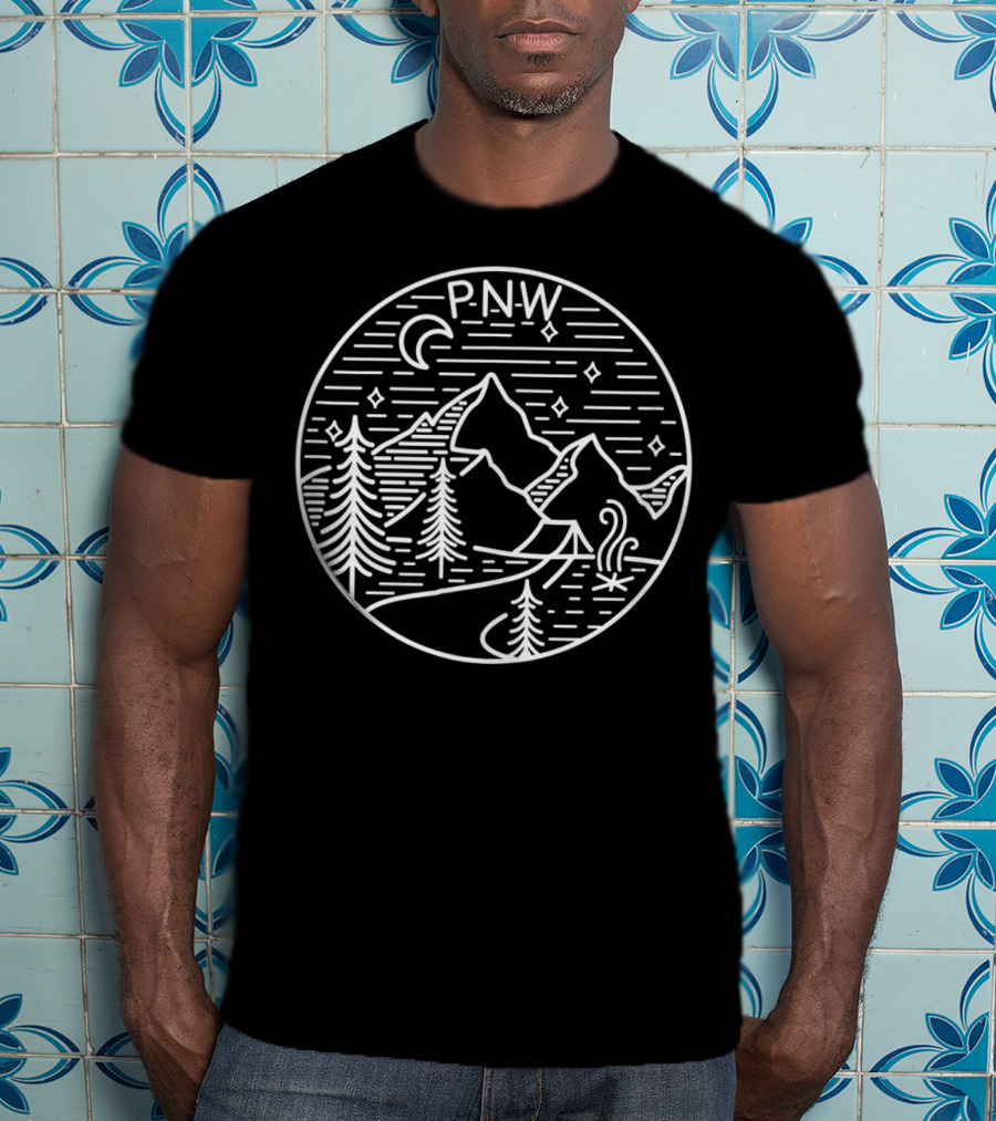 P.N.W. Pacific Northwest Outdoors Trees Mountains Night Sky T-Shirt
