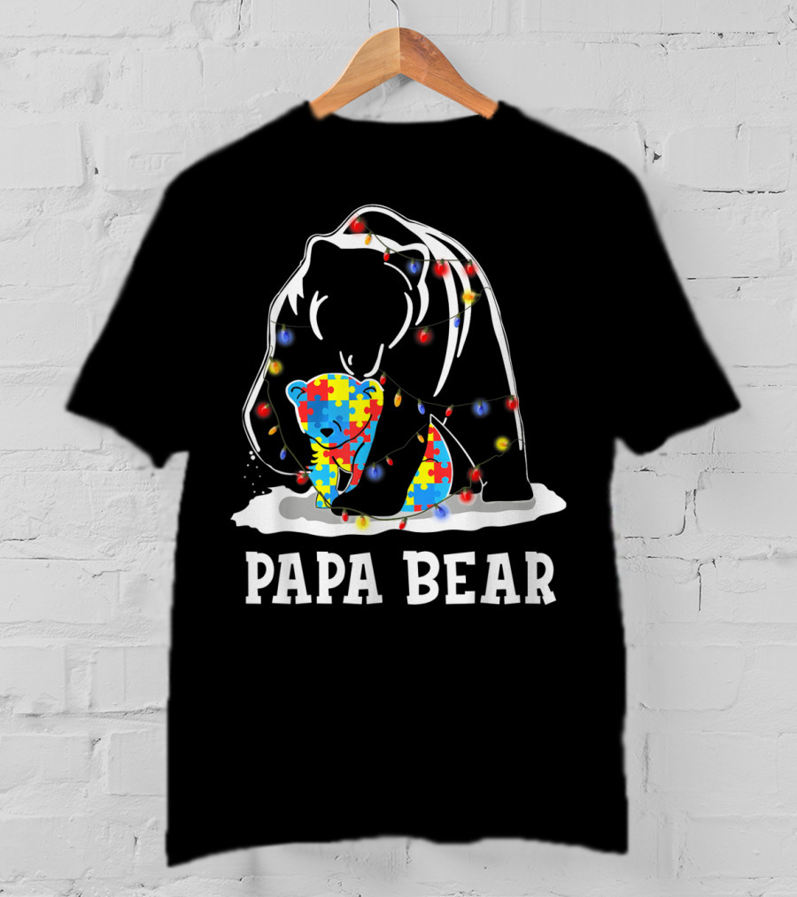 Papa Bear Autism Awareness Puzzle Piece Lights T-Shirt