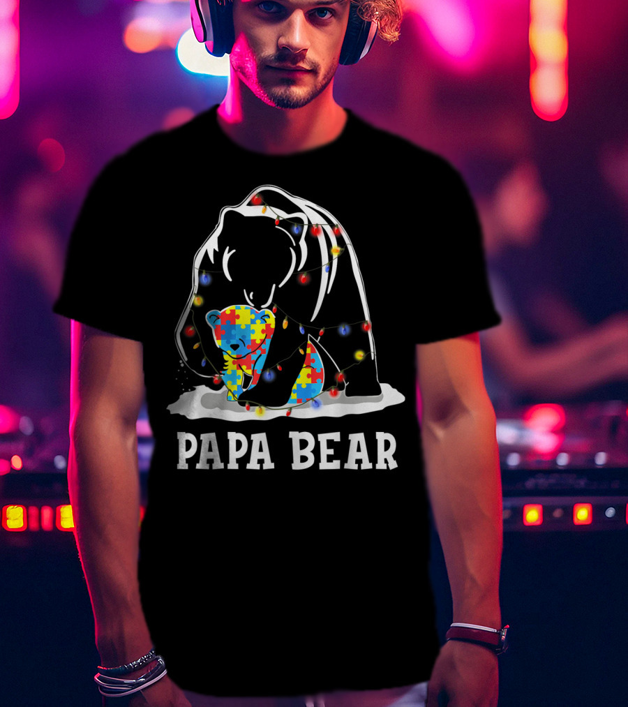 Papa Bear Autism Awareness Puzzle Piece Lights T-Shirt