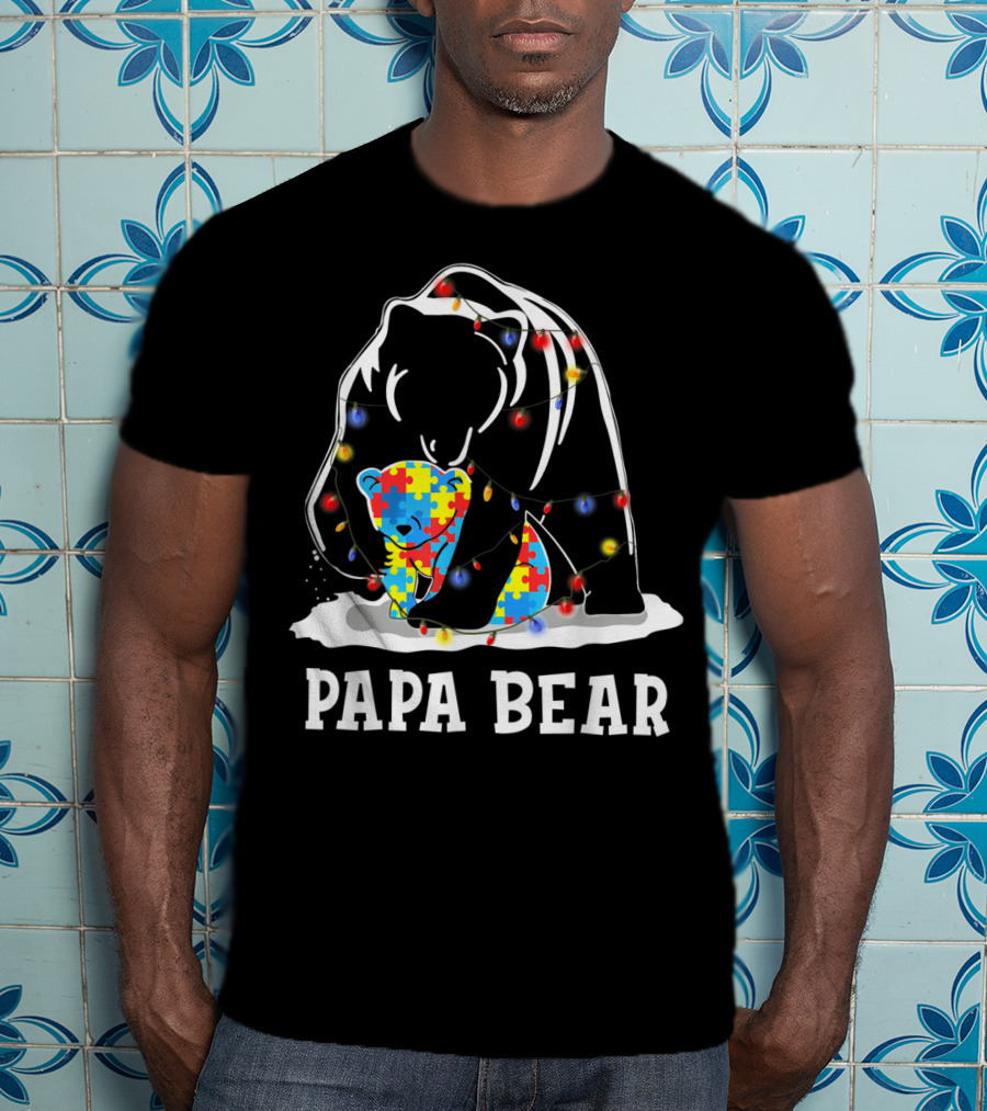 Papa Bear Autism Awareness Puzzle Piece Lights T-Shirt