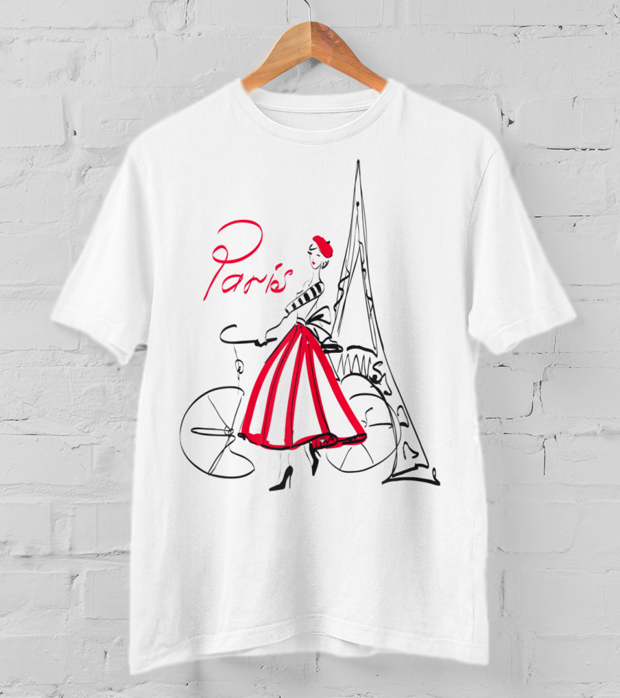 Paris Bicycle Woman With Eiffel Tower In Red Dress T-Shirt