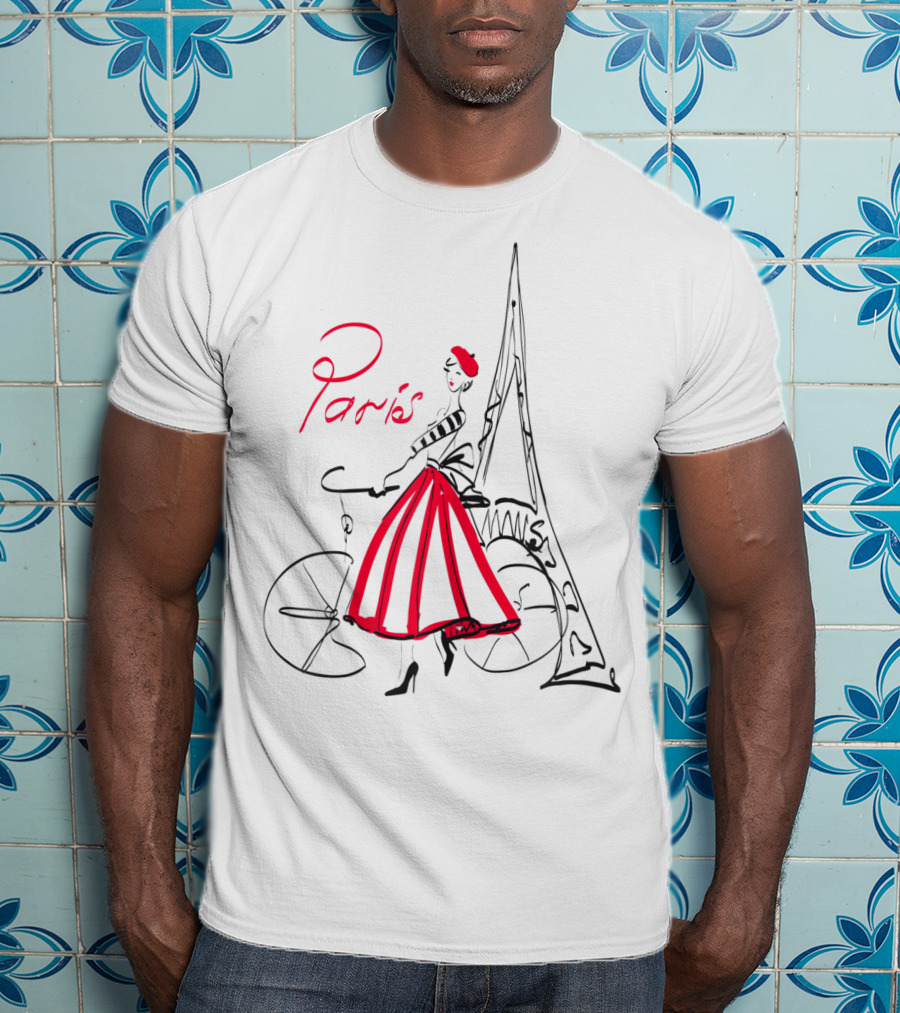 Paris Bicycle Woman With Eiffel Tower In Red Dress T-Shirt